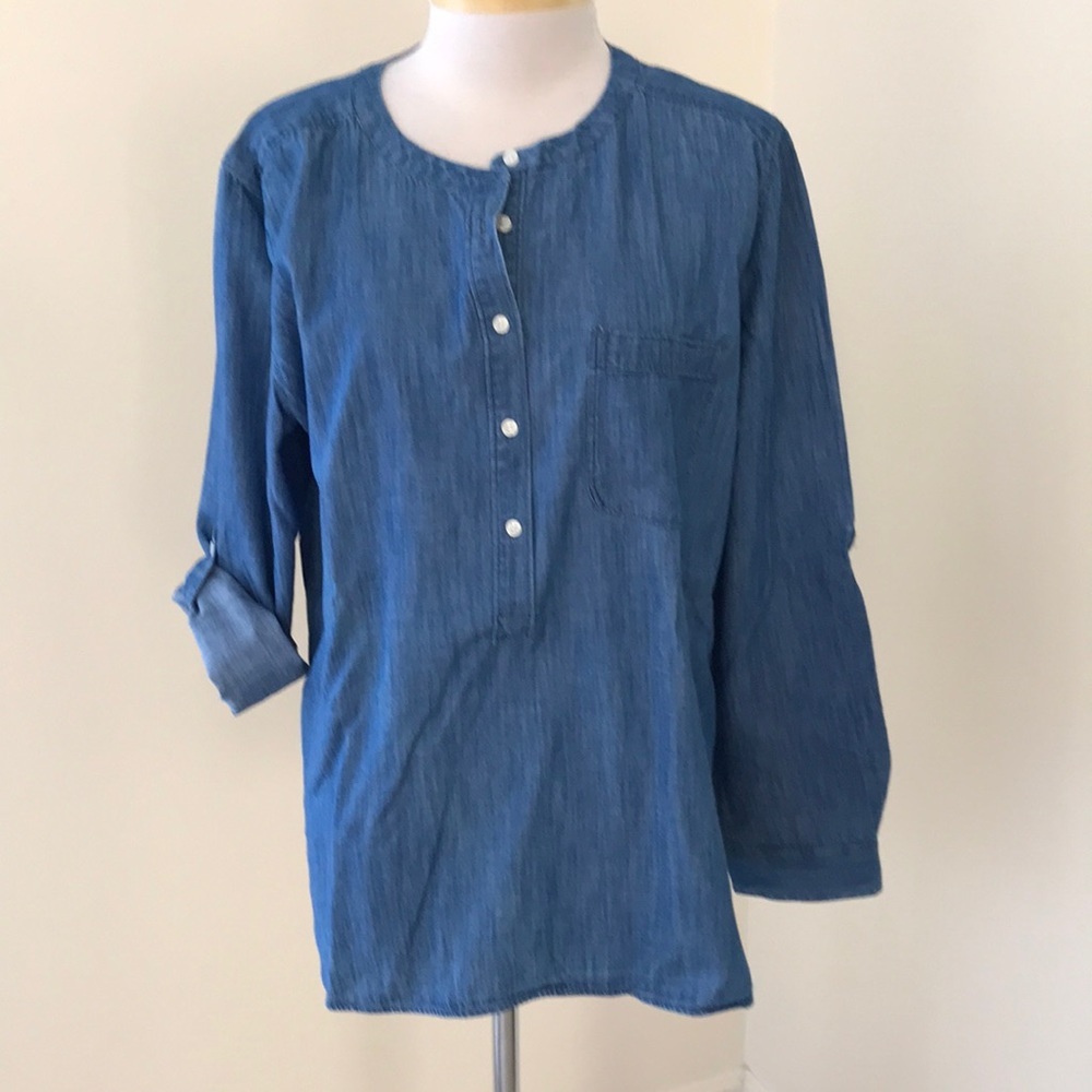 LOFT size L blue chambray tunic top with sleeve tabs
